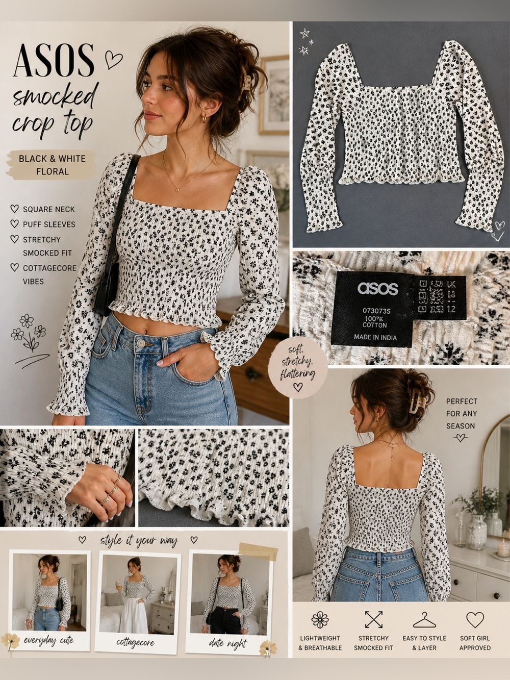 ASOS White Square-Neck Floral Smocked Crop Top Size 12 Coquette Cottage Core